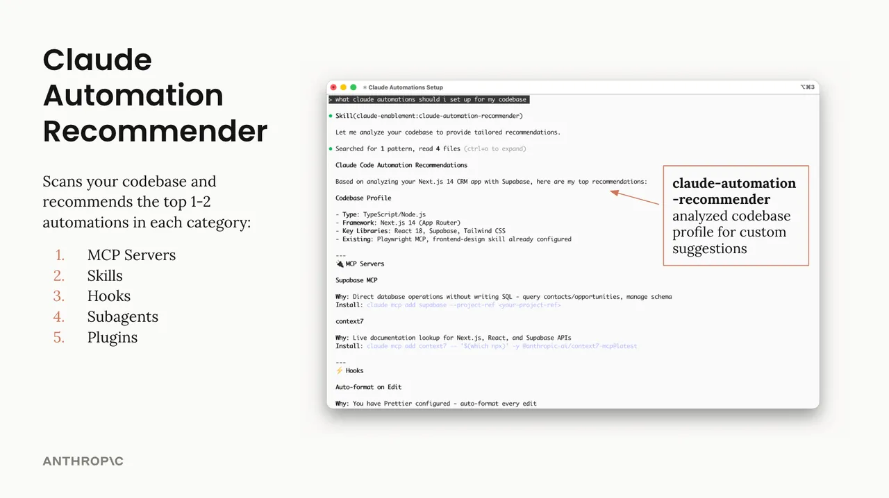 A sample run where the recommender profiles a Next.js project and suggests MCP servers and hooks
