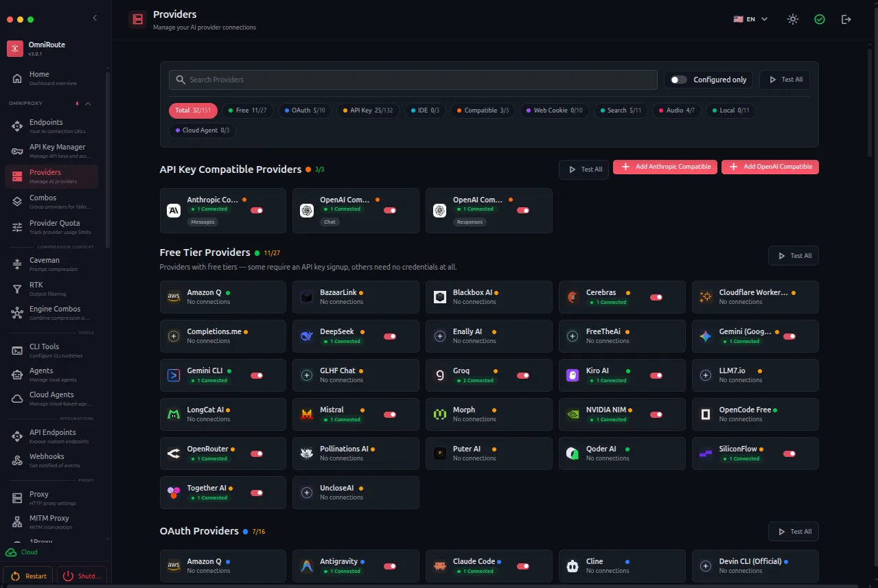 The OmniRoute dashboard, showing connected providers and the free tier list